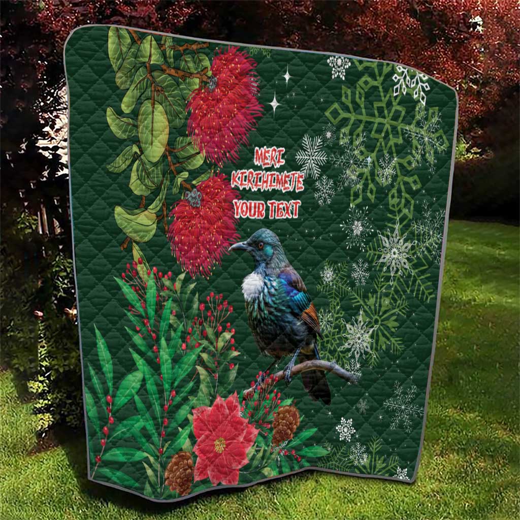 Tui Meri Kirihimete Personalised Quilt Pohutukawa Flowers Green Motif - Polynesian Pride