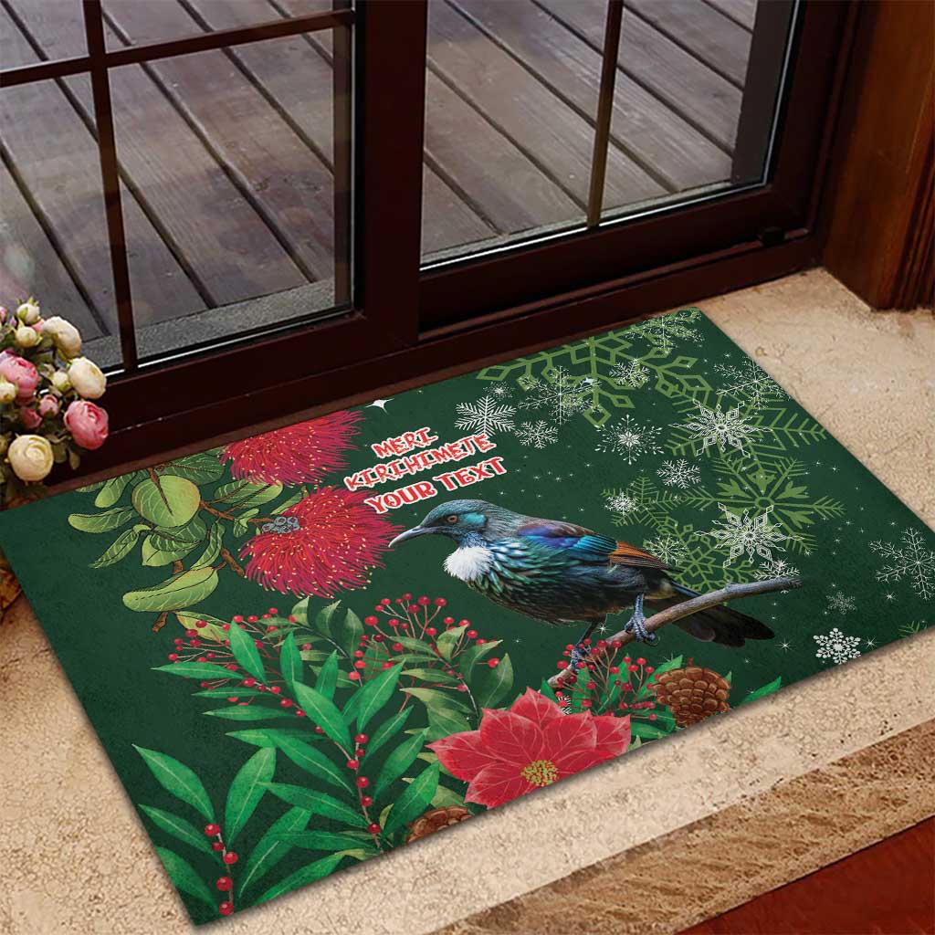 Tui Meri Kirihimete Personalised Rubber Doormat Pohutukawa Flowers Green Motif - Polynesian Pride