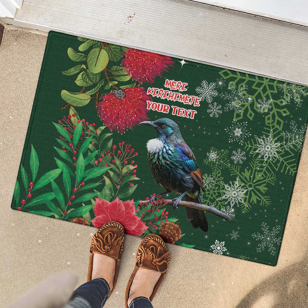 Tui Meri Kirihimete Personalised Rubber Doormat Pohutukawa Flowers Green Motif - Polynesian Pride
