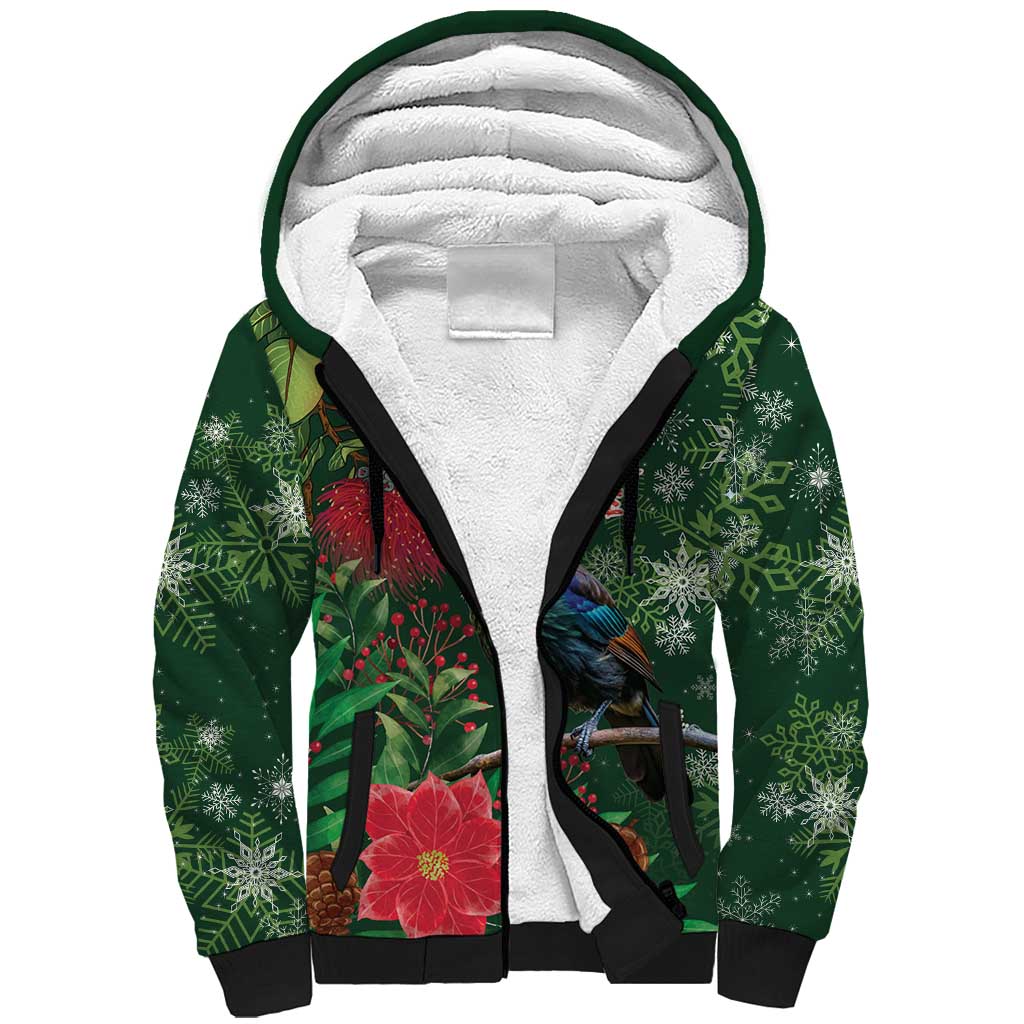 Tui Meri Kirihimete Personalised Sherpa Hoodie Pohutukawa Flowers Green Motif - Polynesian Pride