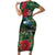 Tui Meri Kirihimete Personalised Short Sleeve Bodycon Dress Pohutukawa Flowers Green Motif - Polynesian Pride
