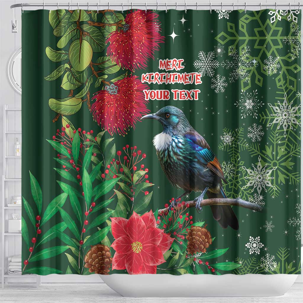 Tui Meri Kirihimete Personalised Shower Curtain Pohutukawa Flowers Green Motif - Polynesian Pride