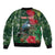 Tui Meri Kirihimete Personalised Sleeve Zip Bomber Jacket Pohutukawa Flowers Green Motif - Polynesian Pride