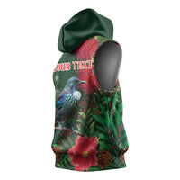 Tui Meri Kirihimete Personalised Sleeveless Hoodie Pohutukawa Flowers Green Motif - Polynesian Pride