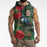 Tui Meri Kirihimete Personalised Sleeveless Hoodie Pohutukawa Flowers Green Motif - Polynesian Pride