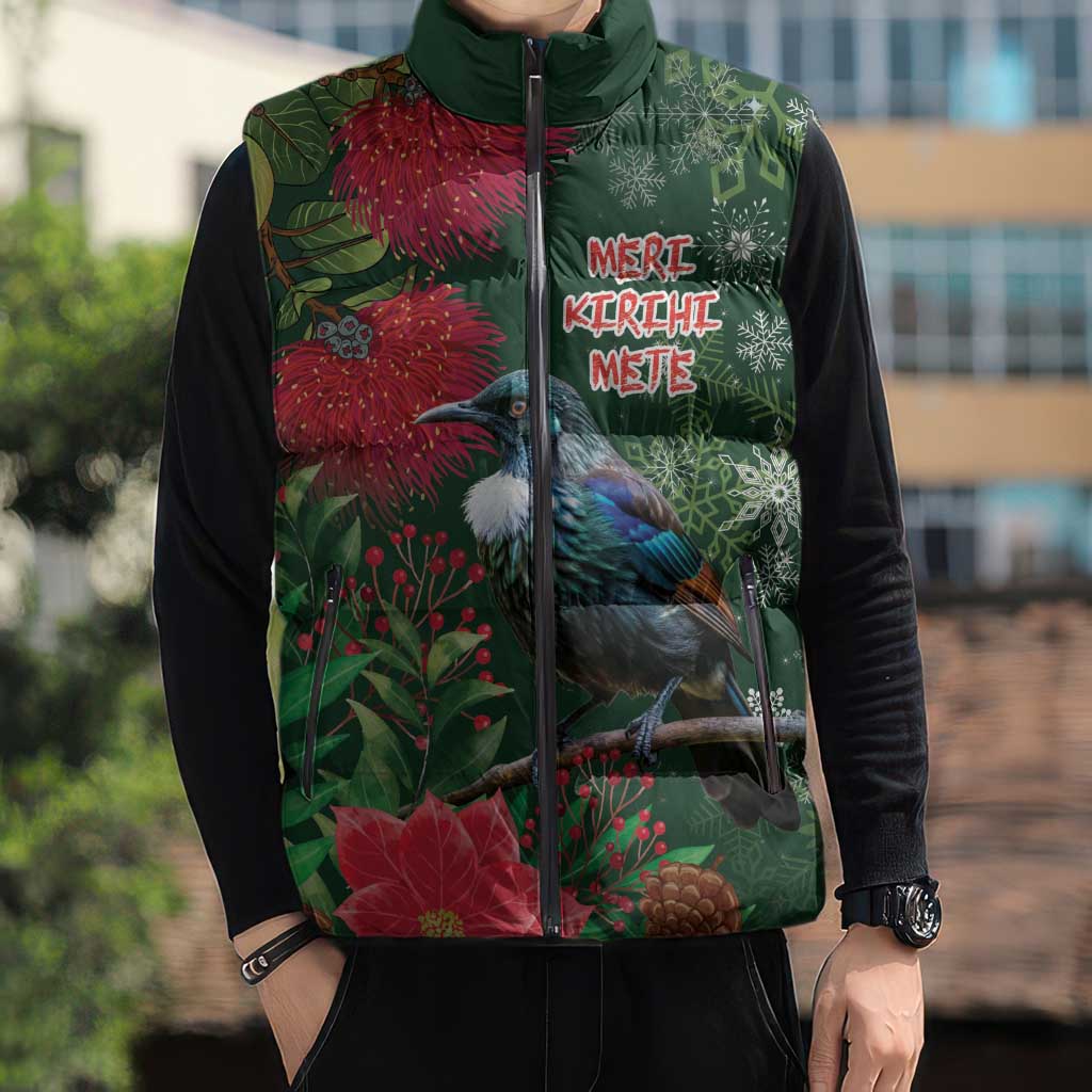 Tui Meri Kirihimete Personalised Sleeveless Puffer Jacket Pohutukawa Flowers Green Motif - Polynesian Pride