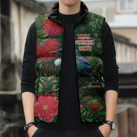 Tui Meri Kirihimete Personalised Sleeveless Puffer Jacket Pohutukawa Flowers Green Motif - Polynesian Pride