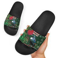 Tui Meri Kirihimete Personalised Slide Sandals Pohutukawa Flowers Green Motif - Polynesian Pride