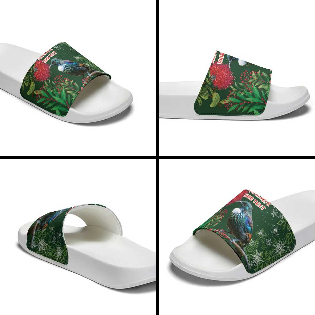 Tui Meri Kirihimete Personalised Slide Sandals Pohutukawa Flowers Green Motif - Polynesian Pride