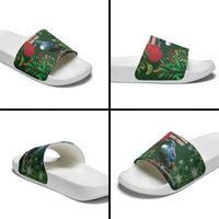 Tui Meri Kirihimete Personalised Slide Sandals Pohutukawa Flowers Green Motif - Polynesian Pride