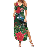 Tui Meri Kirihimete Personalised Summer Maxi Dress Pohutukawa Flowers Green Motif - Polynesian Pride