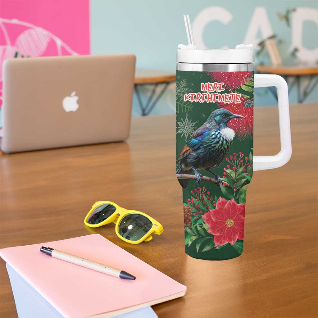 Tui Meri Kirihimete Personalised Tumbler With Handle Pohutukawa Flowers Green Motif - Polynesian Pride