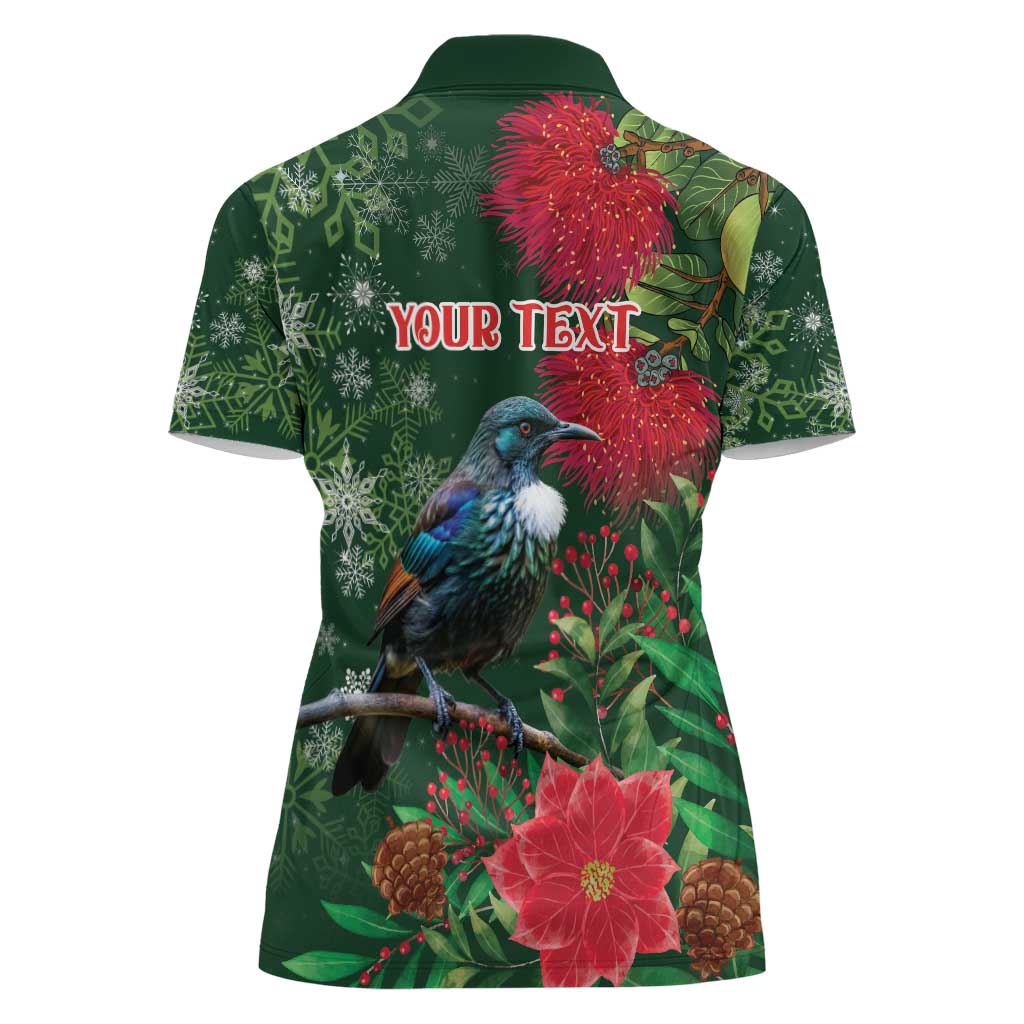 Tui Meri Kirihimete Personalised Women Polo Shirt Pohutukawa Flowers Green Motif - Polynesian Pride