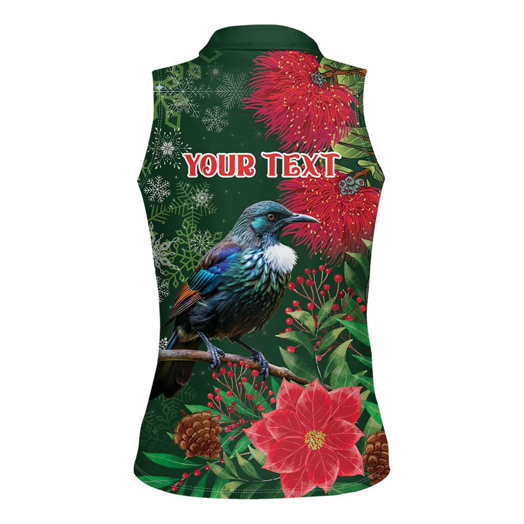 Tui Meri Kirihimete Personalised Women Sleeveless Polo Shirt Pohutukawa Flowers Green Motif - Polynesian Pride