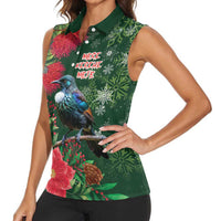 Tui Meri Kirihimete Personalised Women Sleeveless Polo Shirt Pohutukawa Flowers Green Motif - Polynesian Pride