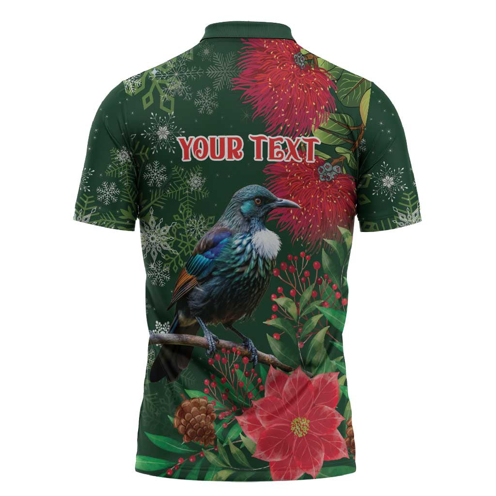 Tui Meri Kirihimete Personalised Zipper Polo Shirt Pohutukawa Flowers Green Motif - Polynesian Pride