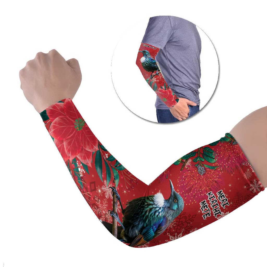 Tui Meri Kirihimete Personalised Arm Sleeves Pohutukawa Flowers Red Motif - Polynesian Pride