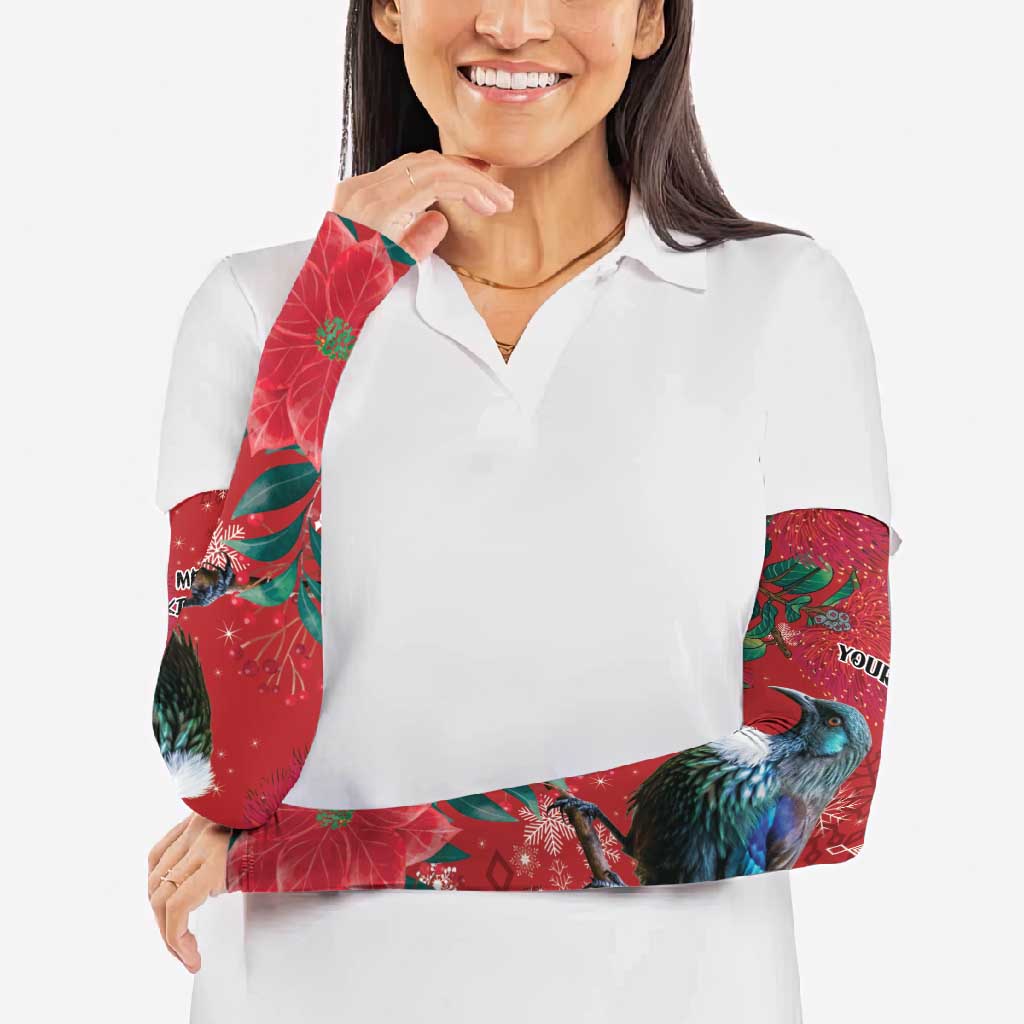 Tui Meri Kirihimete Personalised Arm Sleeves Pohutukawa Flowers Red Motif - Polynesian Pride