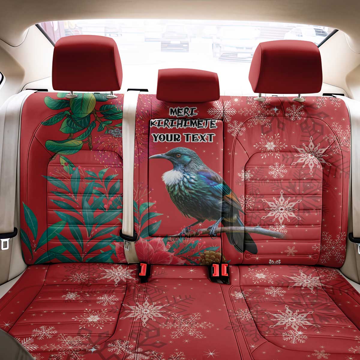 Tui Meri Kirihimete Personalised Back Car Seat Cover Pohutukawa Flowers Red Motif - Polynesian Pride