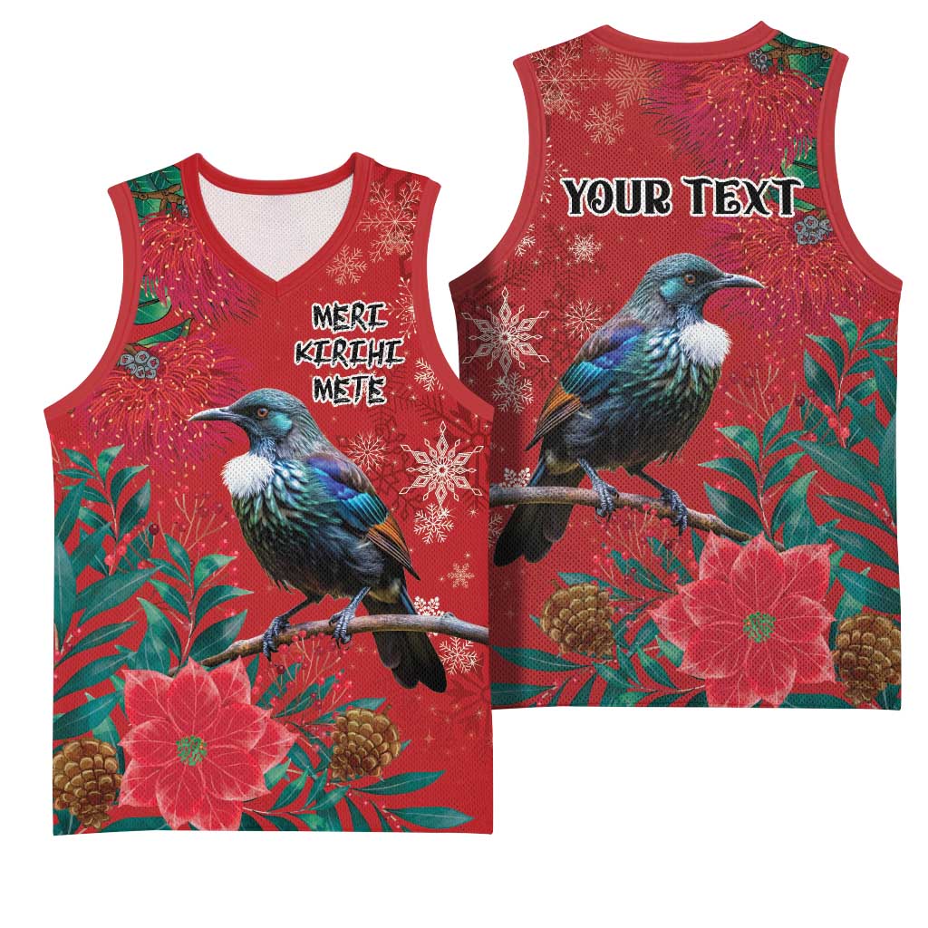 Tui Meri Kirihimete Personalised Basketball Jersey Pohutukawa Flowers Red Motif - Polynesian Pride