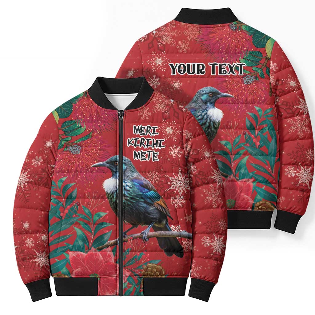 Tui Meri Kirihimete Personalised Bomber Puffer Jacket Pohutukawa Flowers Red Motif - Polynesian Pride