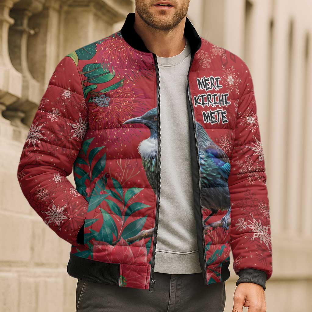 Tui Meri Kirihimete Personalised Bomber Puffer Jacket Pohutukawa Flowers Red Motif - Polynesian Pride