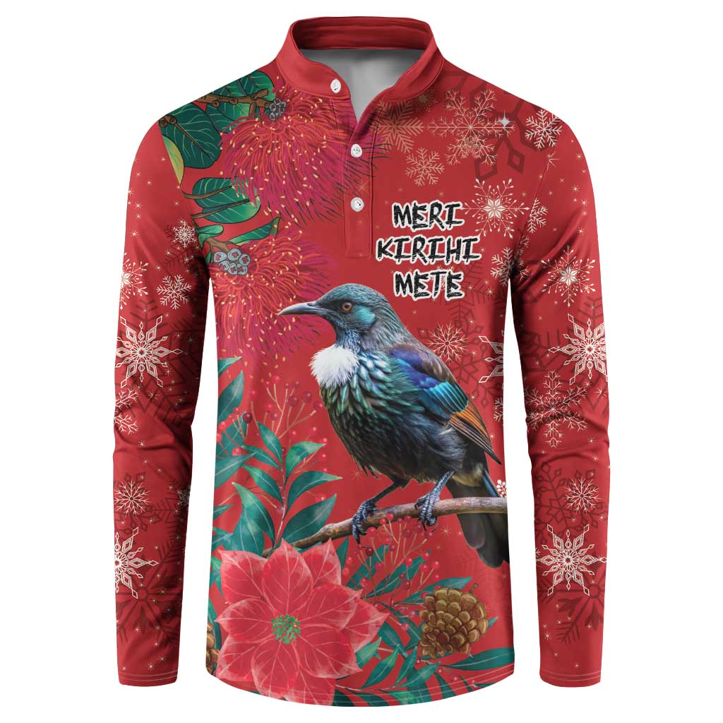 Tui Meri Kirihimete Personalised Button Sweatshirt Pohutukawa Flowers Red Motif - Polynesian Pride