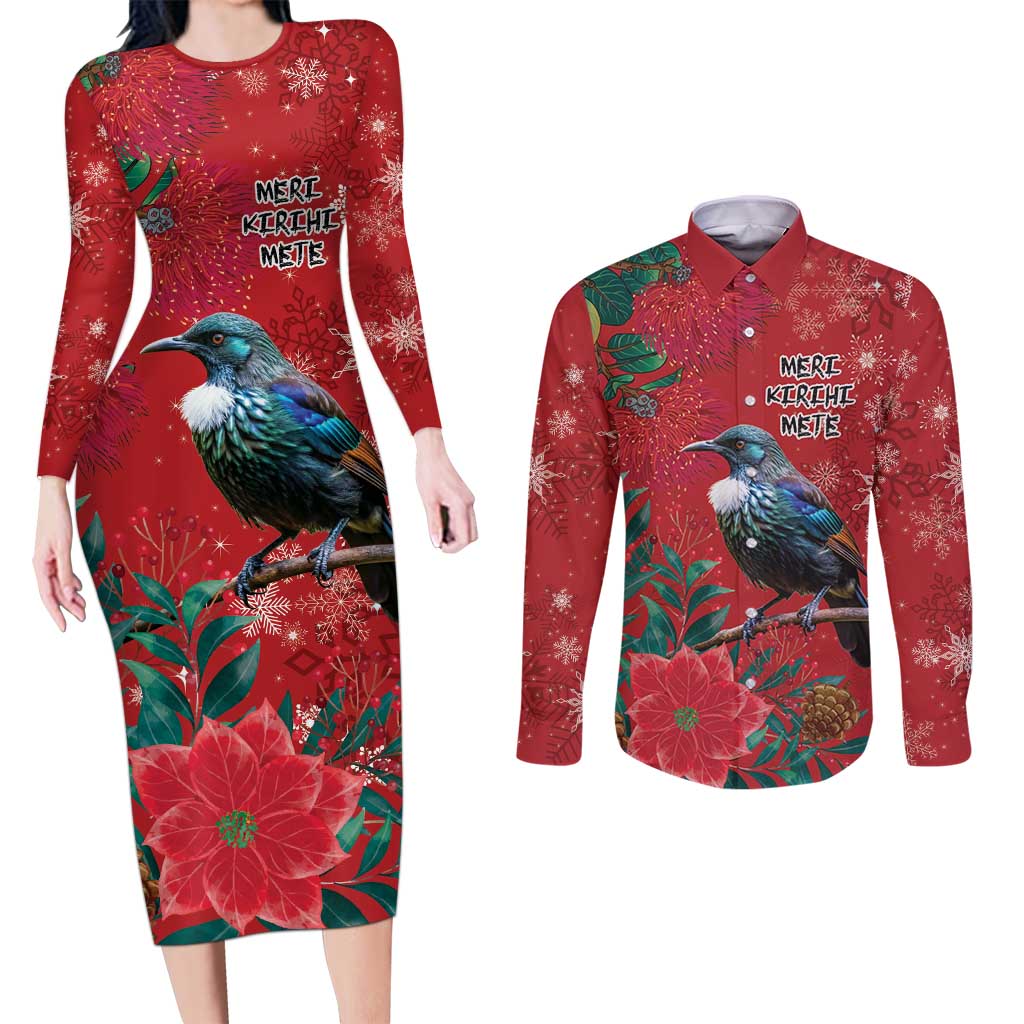 Tui Meri Kirihimete Personalised Couples Matching Long Sleeve Bodycon Dress and Long Sleeve Button Shirt Pohutukawa Flowers Red Motif - Polynesian Pride