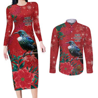 Tui Meri Kirihimete Personalised Couples Matching Long Sleeve Bodycon Dress and Long Sleeve Button Shirt Pohutukawa Flowers Red Motif - Polynesian Pride