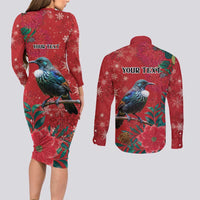 Tui Meri Kirihimete Personalised Couples Matching Long Sleeve Bodycon Dress and Long Sleeve Button Shirt Pohutukawa Flowers Red Motif - Polynesian Pride