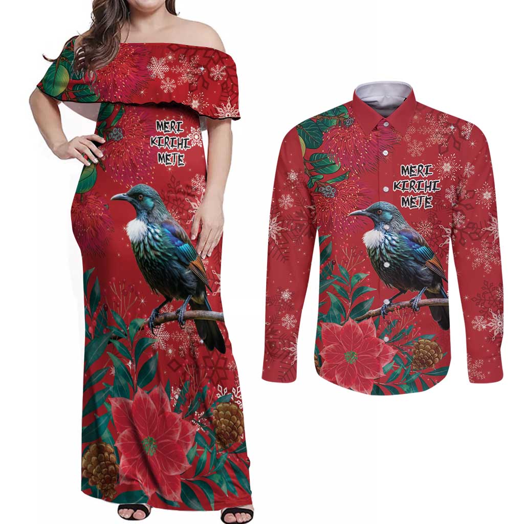 Tui Meri Kirihimete Personalised Couples Matching Off Shoulder Maxi Dress and Long Sleeve Button Shirt Pohutukawa Flowers Red Motif - Polynesian Pride