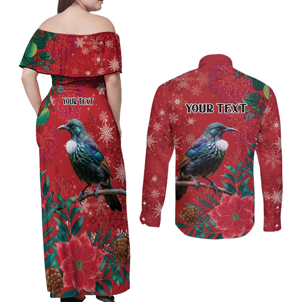 Tui Meri Kirihimete Personalised Couples Matching Off Shoulder Maxi Dress and Long Sleeve Button Shirt Pohutukawa Flowers Red Motif - Polynesian Pride