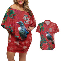 Tui Meri Kirihimete Personalised Couples Matching Off Shoulder Short Dress and Hawaiian Shirt Pohutukawa Flowers Red Motif - Polynesian Pride