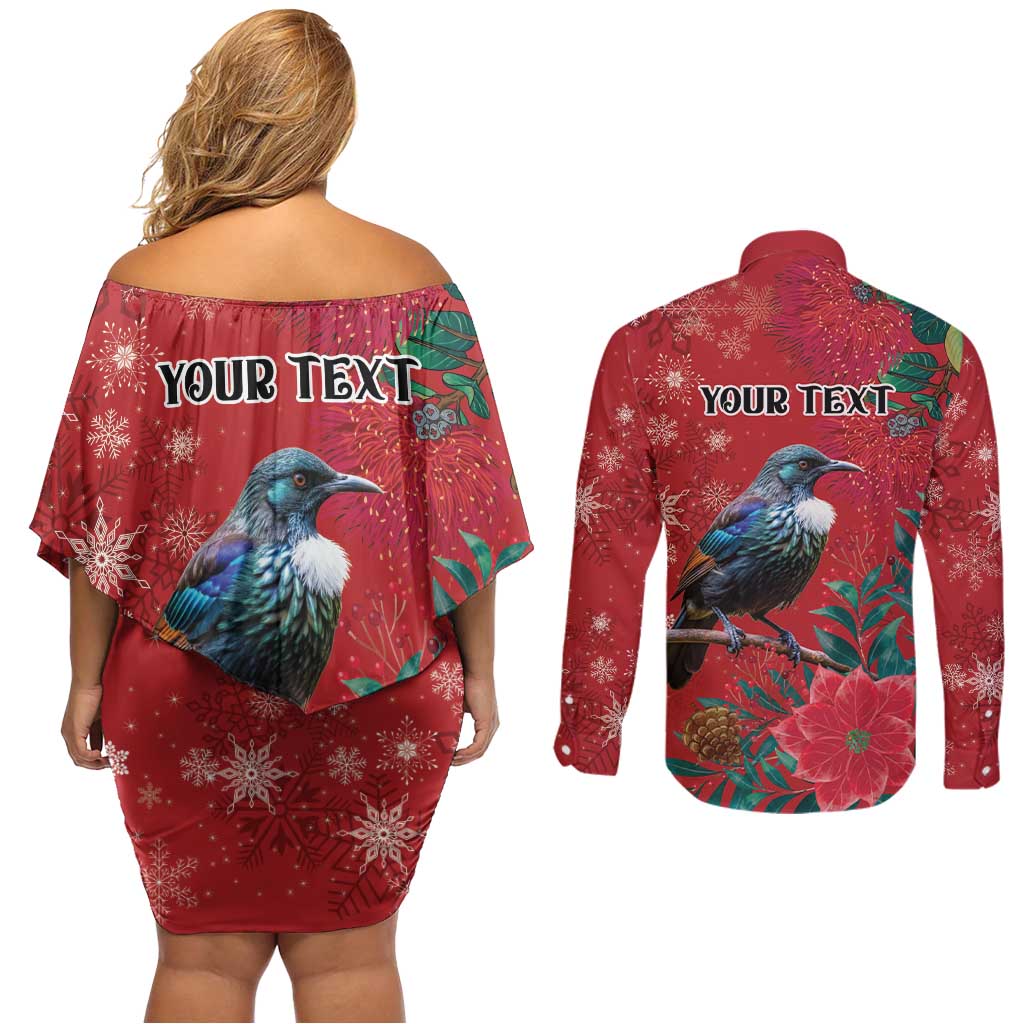 Tui Meri Kirihimete Personalised Couples Matching Off Shoulder Short Dress and Long Sleeve Button Shirt Pohutukawa Flowers Red Motif - Polynesian Pride