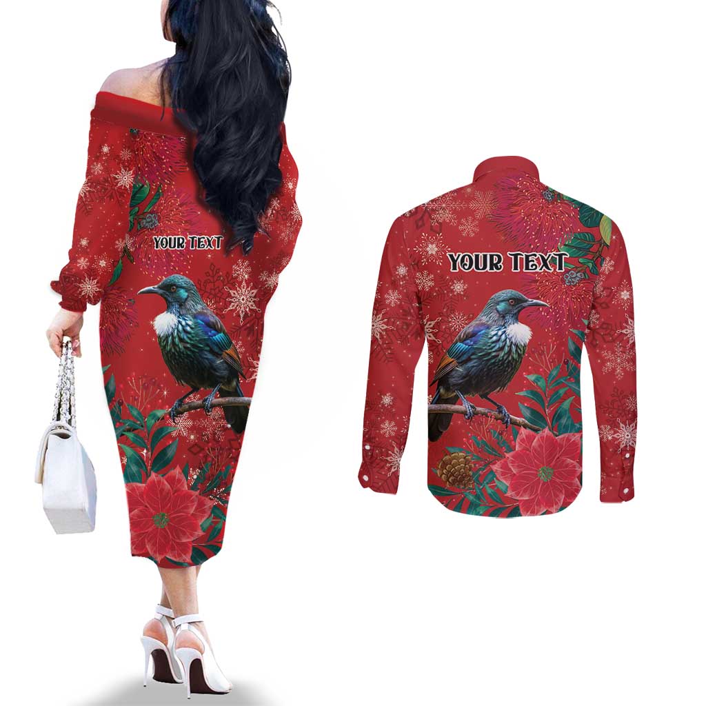 Tui Meri Kirihimete Personalised Couples Matching Off The Shoulder Long Sleeve Dress and Long Sleeve Button Shirt Pohutukawa Flowers Red Motif - Polynesian Pride