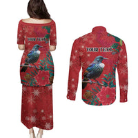 Tui Meri Kirihimete Personalised Couples Matching Puletasi and Long Sleeve Button Shirt Pohutukawa Flowers Red Motif - Polynesian Pride