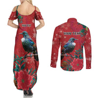 Tui Meri Kirihimete Personalised Couples Matching Summer Maxi Dress and Long Sleeve Button Shirt Pohutukawa Flowers Red Motif - Polynesian Pride