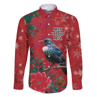 Tui Meri Kirihimete Personalised Family Matching Long Sleeve Bodycon Dress and Hawaiian Shirt Pohutukawa Flowers Red Motif - Polynesian Pride