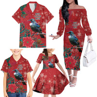 Tui Meri Kirihimete Personalised Family Matching Off The Shoulder Long Sleeve Dress and Hawaiian Shirt Pohutukawa Flowers Red Motif - Polynesian Pride