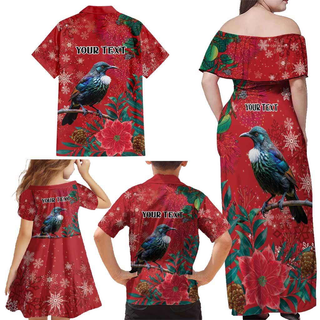 Tui Meri Kirihimete Personalised Family Matching Off Shoulder Maxi Dress and Hawaiian Shirt Pohutukawa Flowers Red Motif - Polynesian Pride