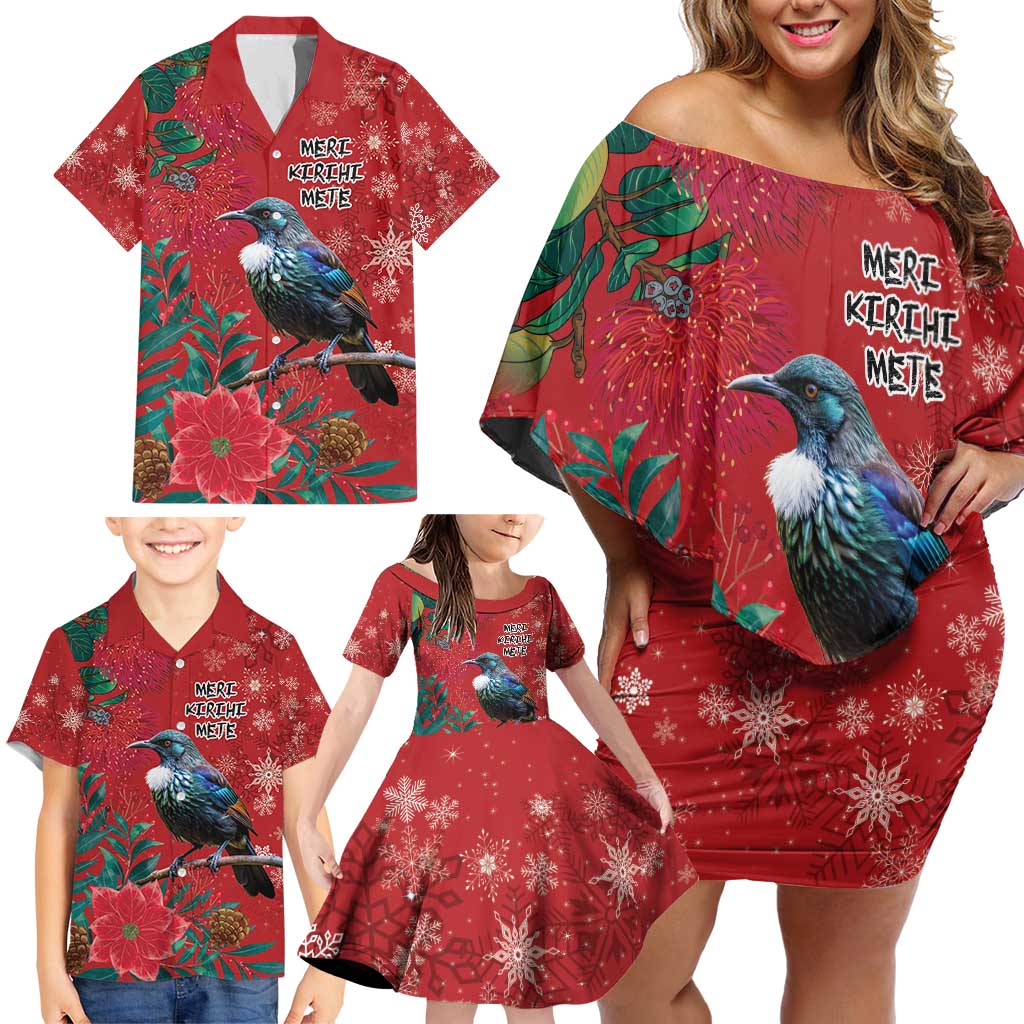 Tui Meri Kirihimete Personalised Family Matching Off Shoulder Short Dress and Hawaiian Shirt Pohutukawa Flowers Red Motif - Polynesian Pride
