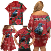 Tui Meri Kirihimete Personalised Family Matching Off Shoulder Short Dress and Hawaiian Shirt Pohutukawa Flowers Red Motif - Polynesian Pride
