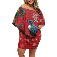 Tui Meri Kirihimete Personalised Family Matching Off Shoulder Short Dress and Hawaiian Shirt Pohutukawa Flowers Red Motif - Polynesian Pride