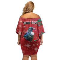 Tui Meri Kirihimete Personalised Family Matching Off Shoulder Short Dress and Hawaiian Shirt Pohutukawa Flowers Red Motif - Polynesian Pride