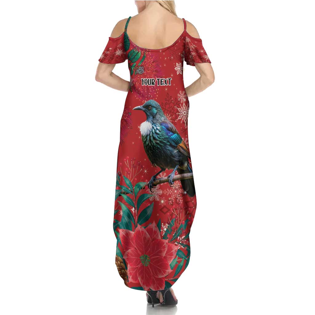 Tui Meri Kirihimete Personalised Family Matching Summer Maxi Dress and Hawaiian Shirt Pohutukawa Flowers Red Motif - Polynesian Pride
