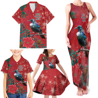 Tui Meri Kirihimete Personalised Family Matching Tank Maxi Dress and Hawaiian Shirt Pohutukawa Flowers Red Motif - Polynesian Pride