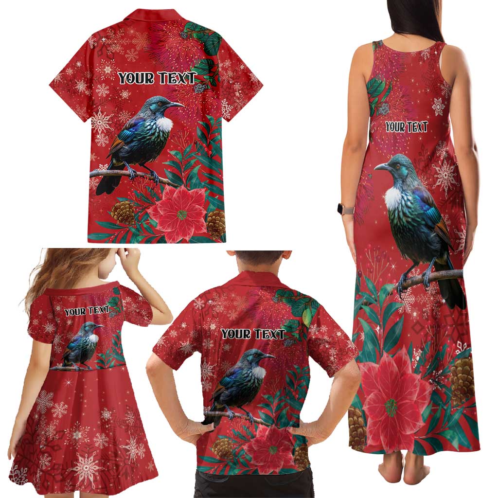 Tui Meri Kirihimete Personalised Family Matching Tank Maxi Dress and Hawaiian Shirt Pohutukawa Flowers Red Motif - Polynesian Pride