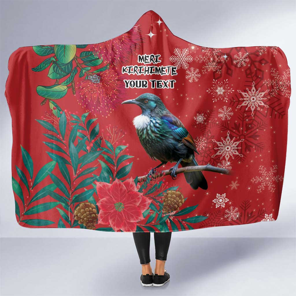 Tui Meri Kirihimete Personalised Hooded Blanket Pohutukawa Flowers Red Motif - Polynesian Pride