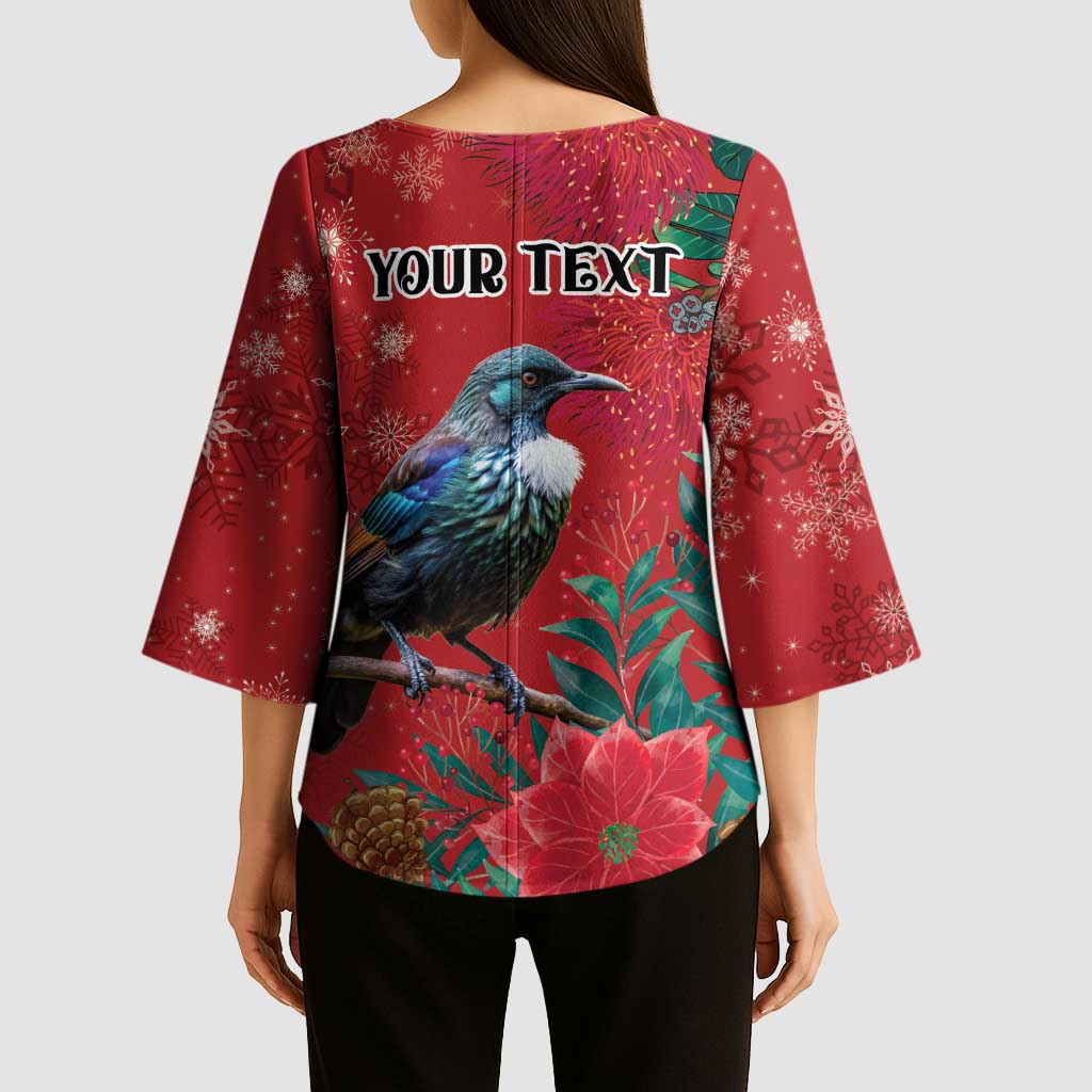 Tui Meri Kirihimete Personalised Kimono Sleeve Blouse Pohutukawa Flowers Red Motif - Polynesian Pride
