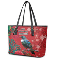 Tui Meri Kirihimete Personalised Leather Tote Bag Pohutukawa Flowers Red Motif - Polynesian Pride